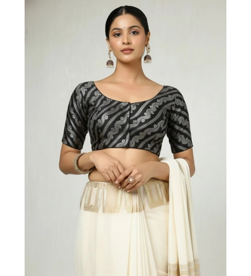 Women's Jacquard Zari Round Neck Padded Blouse (Black 38 Ready (Self Alterable 36–40)