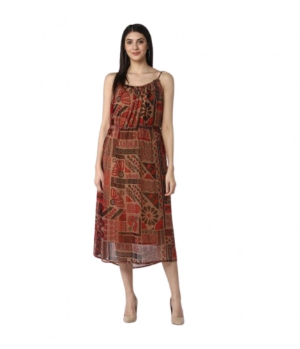 Women's Polyester Printed Shoulder Straps Dress (Maroon - Brown)