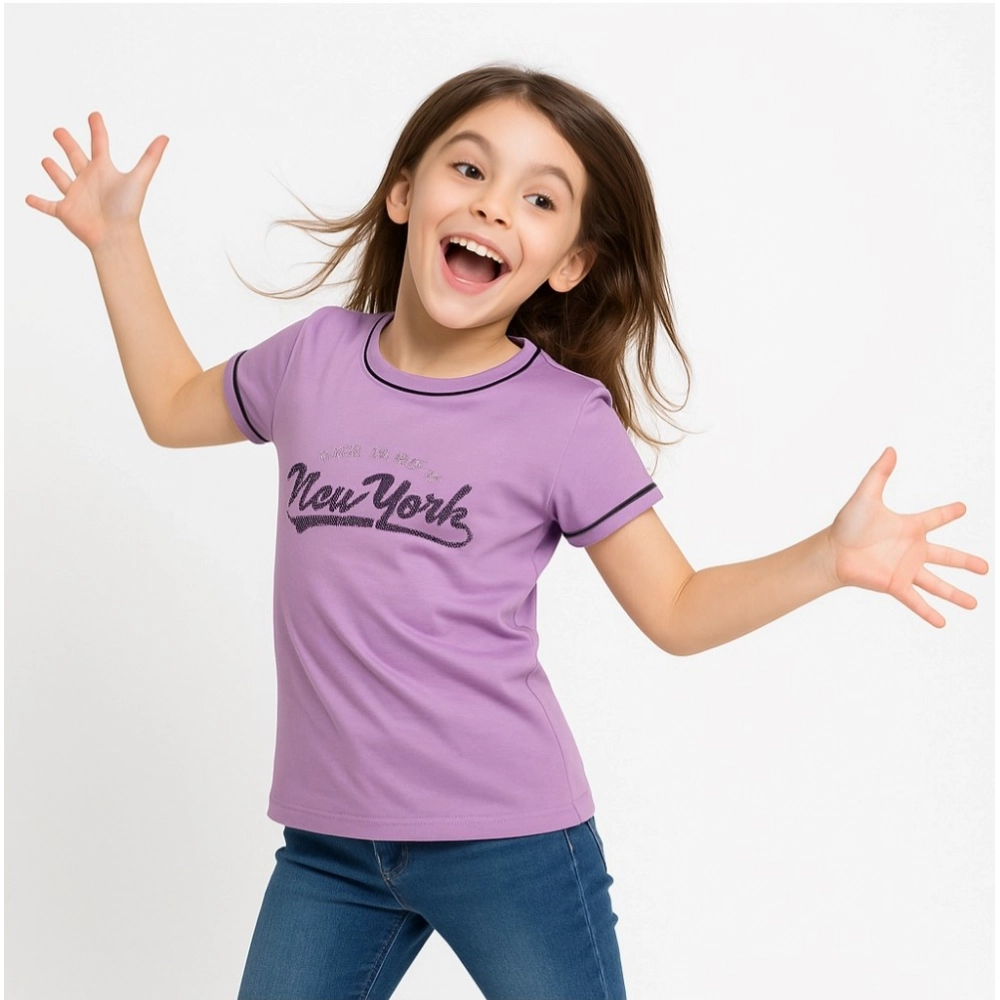 Girl's Cotton Printeded Round Neck T-Shirt (Lavander) Girl's Cotton Printeded Round Neck T-Shirt (Lavander)
