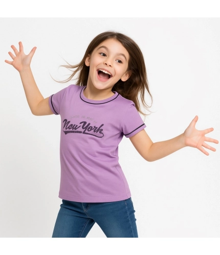 Girl's Cotton Printeded Round Neck T-Shirt (Lavander)