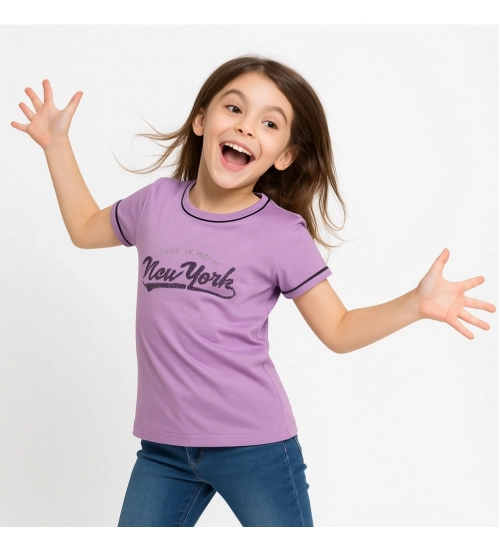 Girl's Cotton Printeded Round Neck T-Shirt (Lavander)