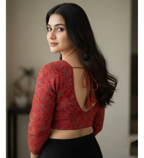 Women's Ajrakh Cotton Printed V-Neck Padded Blouse (Red 38 Ready (Self Alterable 36–40)