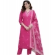 Women's Chanderi Silk Ethnic Motif V-Neck 3/4th Sleeve Kurti With Pant Dupatta Set (Pink)