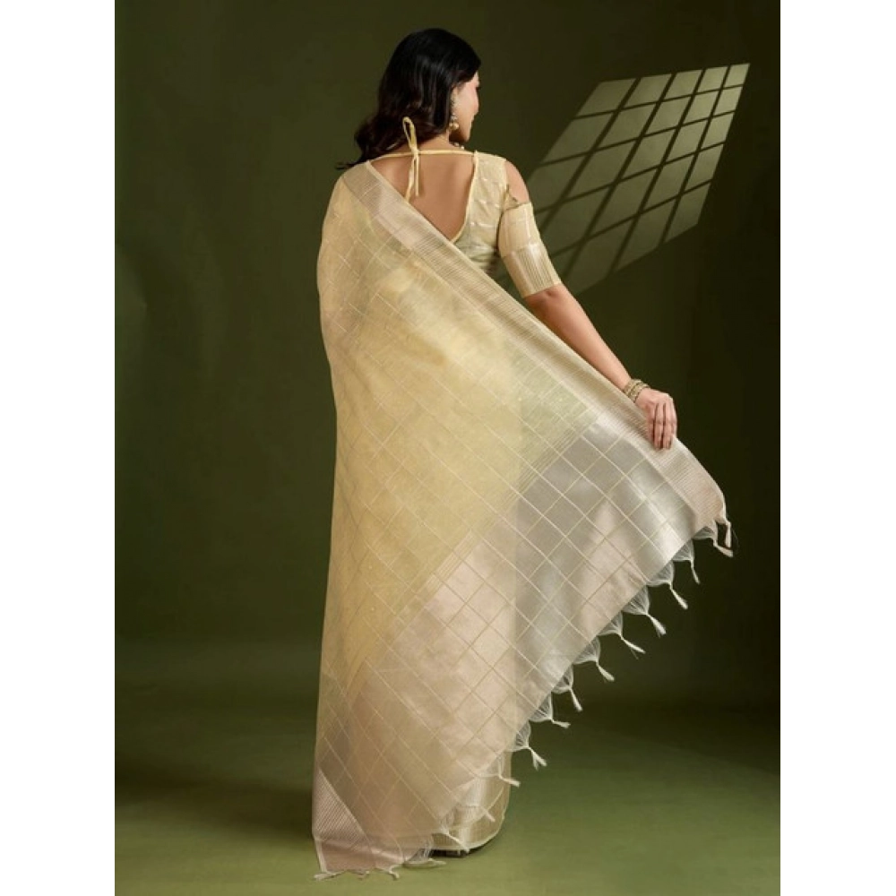 Women's Tissue Checks_With_Buttis Saree With Unstitched Blouse 5.5Mtr (Yellow) Women's Tissue Checks_With_Buttis Saree With Unstitched Blouse 5.5Mtr (Yellow)