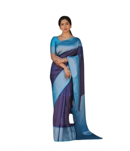 Women's Soft Lichi Silk Printed Saree With Unstitched Blouse 5.5Mtr (Blue)