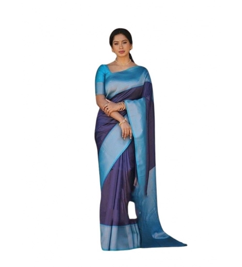 Women's Soft Lichi Silk Printed Saree With Unstitched Blouse 5.5Mtr (Blue)