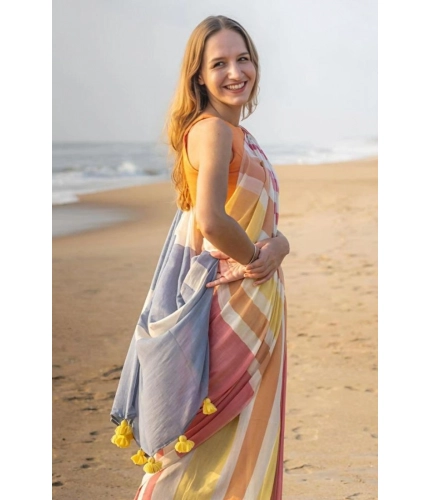 Women's Linen Printed Saree With Unstitched Blouse 5.5Mtr (Yellow)