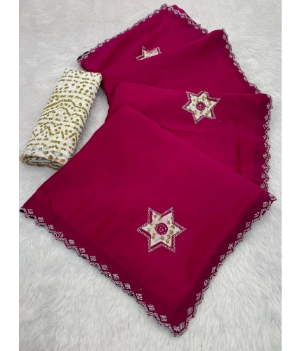 Women's Chiffon Butti Dotted Saree With Unstitched Blouse 5.5Mtr (Pink)