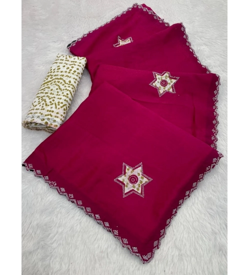 Women's Chiffon Butti Dotted Saree With Unstitched Blouse 5.5Mtr (Pink)