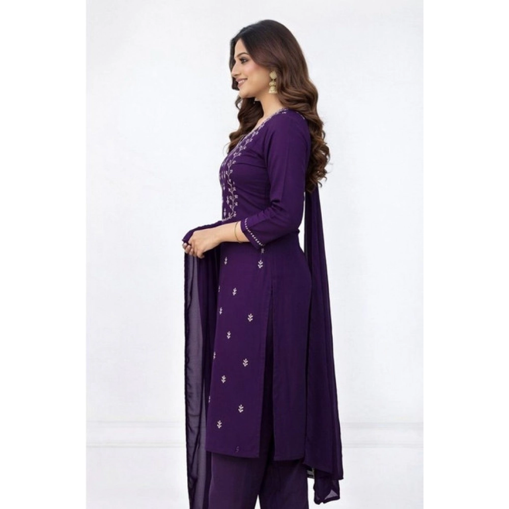 Women's Georgette Ethnic Motif Round 3/4th Sleeve Kurti With Pant Dupatta Set (Purple)