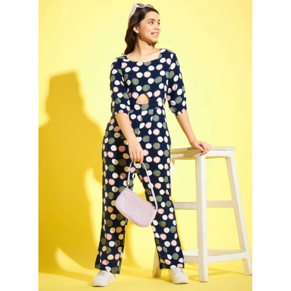 Girl's Cotton Polka 3-4th Sleeve Jumpsuit (Multicolor)