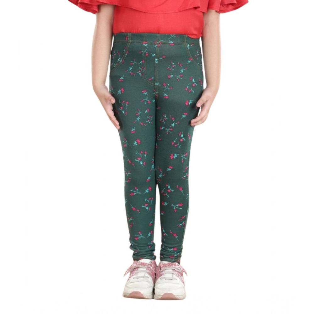 Girl's Cotton Lycra Floral Elasticated Jeggings (Bottle Green) Girl's Cotton Lycra Floral Elasticated Jeggings (Bottle Green)