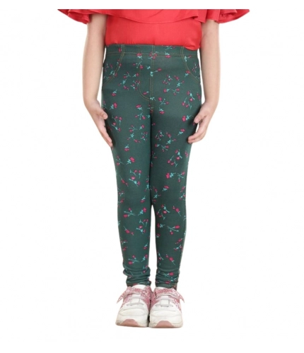 Girl's Cotton Lycra Floral Elasticated Jeggings (Bottle Green)