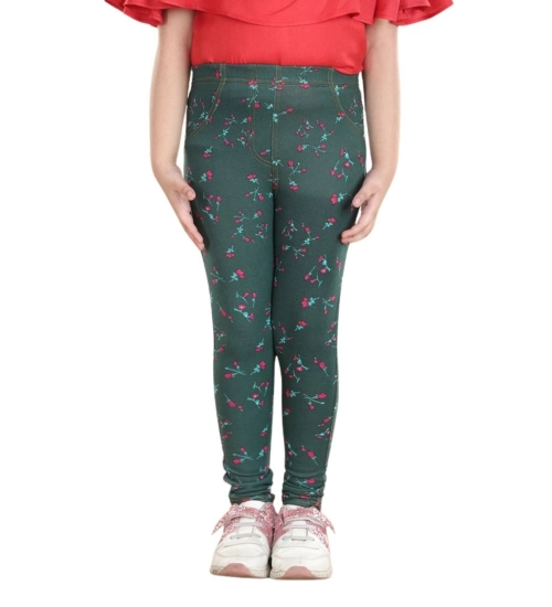Girl's Cotton Lycra Floral Elasticated Jeggings (Bottle Green) Girl's Cotton Lycra Floral Elasticated Jeggings (Bottle Green)