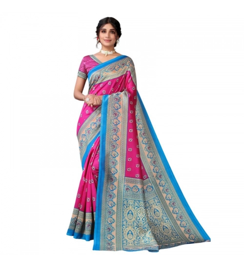 Women's Litchi silk Printed Saree With Unstitched Blouse  5-6 Mtrs (Pink)