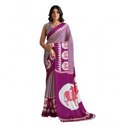 Women's Satin Crepe Printed Saree With Unstitched Blouse 5.5Mtr (Purple)