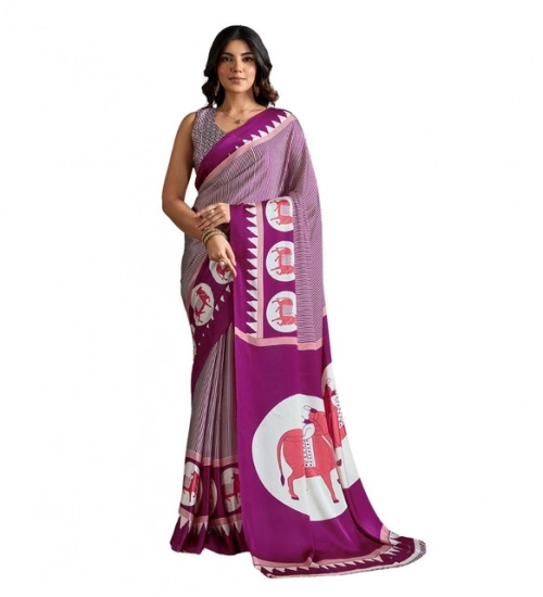 Women's Satin Crepe Printed Saree With Unstitched Blouse 5.5Mtr (Purple)