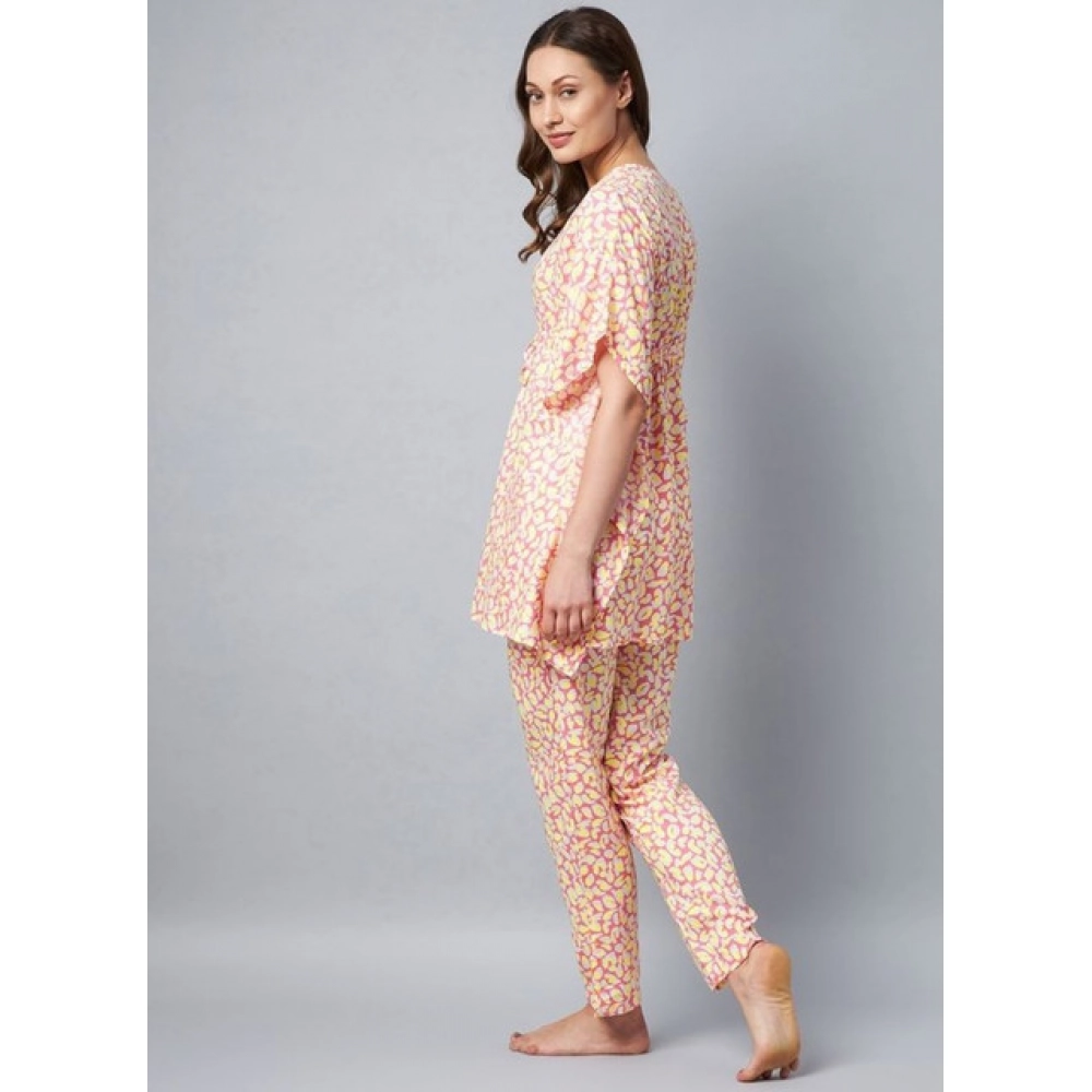 Women's Rayon Tie And Dye Kaftan Sleeve Night Suit (Multicolor)