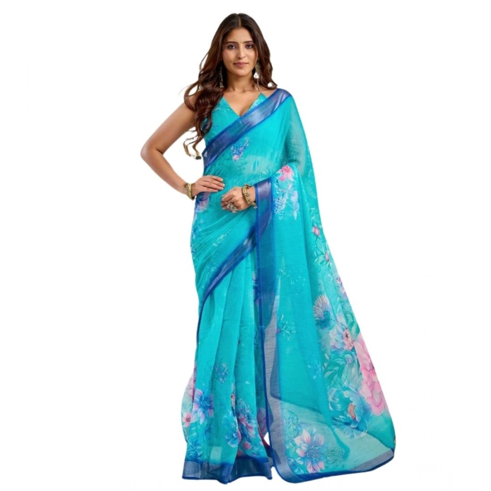 Women's Faux Linen Floral Print Ready to wear Saree With Unstitched Blouse 5.5Mtr (Light_AquaBlue) Women's Faux Linen Floral Print Ready to wear Saree With Unstitched Blouse 5.5Mtr (Light_AquaBlue)
