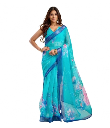 Women's Faux Linen Floral Print Ready to wear Saree With Unstitched Blouse 5.5Mtr (Light_AquaBlue)