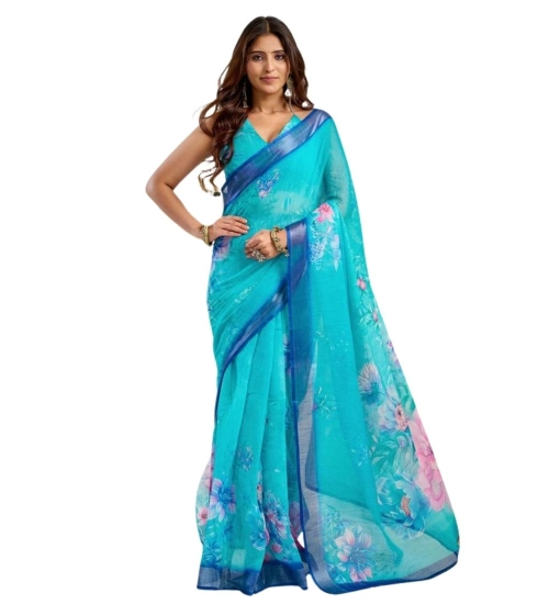Women's Faux Linen Floral Print Ready to wear Saree With Unstitched Blouse 5.5Mtr (Light_AquaBlue) Women's Faux Linen Floral Print Ready to wear Saree With Unstitched Blouse 5.5Mtr (Light_AquaBlue)