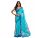 Women's Faux Linen Floral Print Ready to wear Saree With Unstitched Blouse 5.5Mtr (Light_AquaBlue)