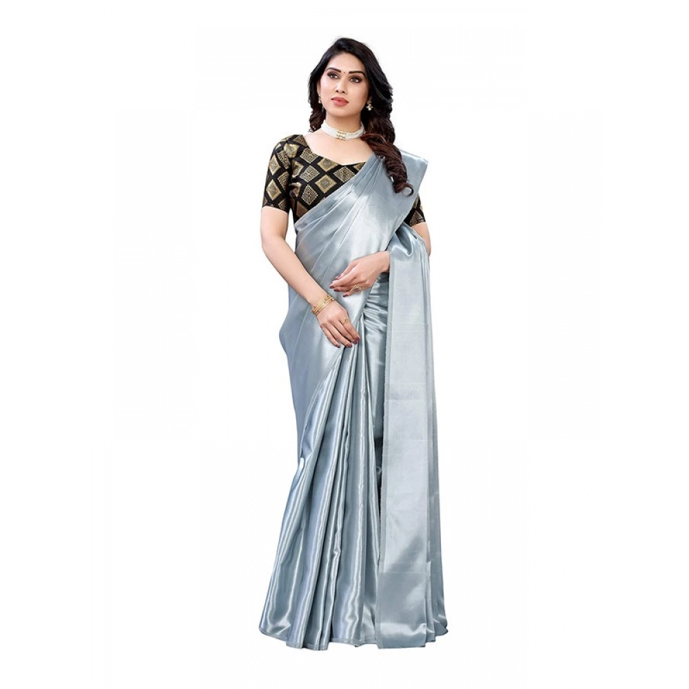 Women's Satin Printed Saree With Unstitched Blouse 5.5Mtr (Grey)