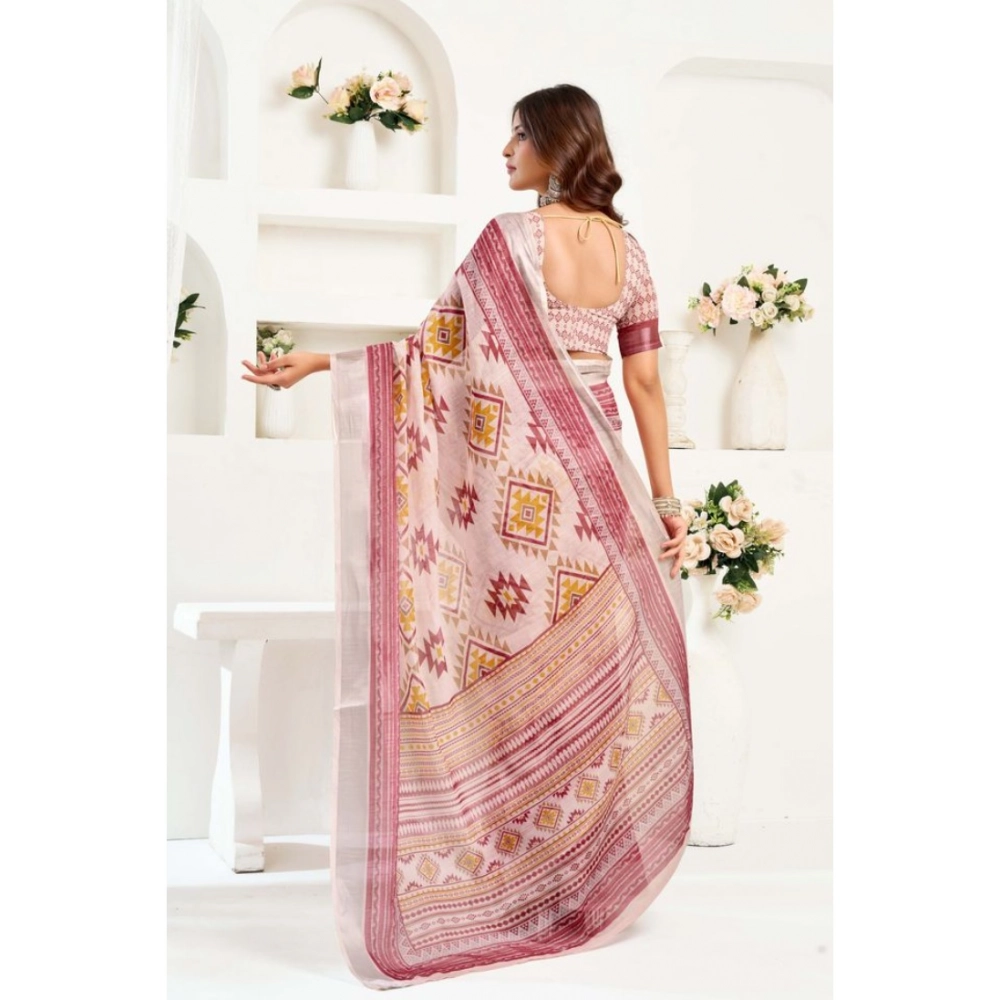 Women's Linen Cotton Printed Ready To Wear Saree With Unstitched Blouse 5.5 Mtr (Maroon)
