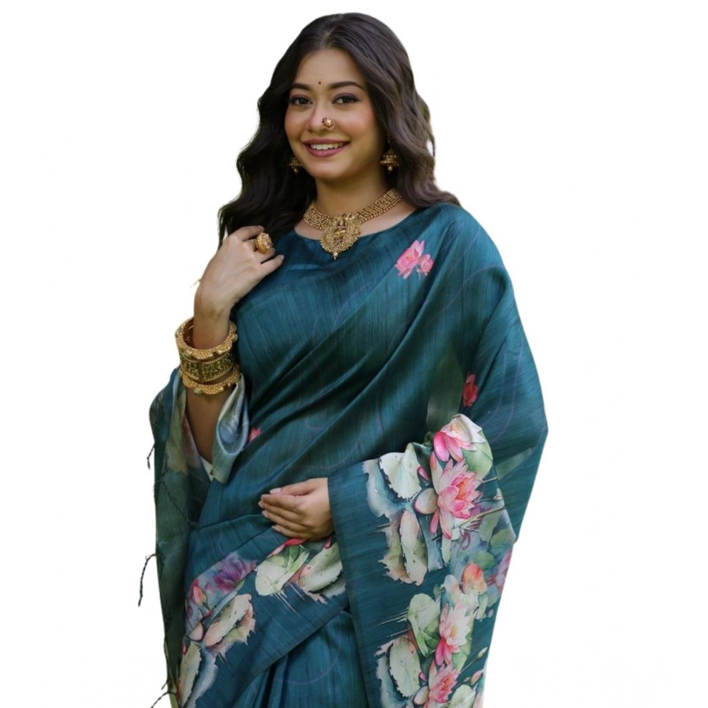 Women's Faux_Tussar Floral Saree With Unstitched Blouse 5.5Mtr (Teal) Women's Faux_Tussar Floral Saree With Unstitched Blouse 5.5Mtr (Teal)