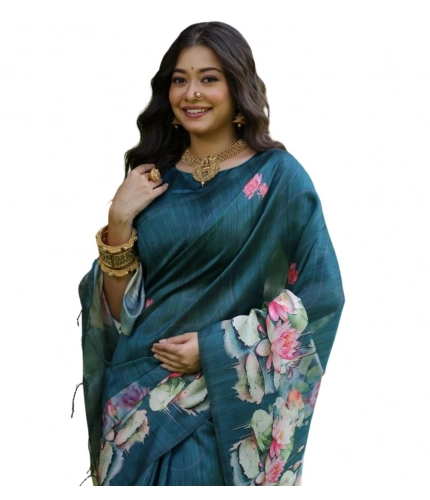 Women's Faux_Tussar Floral Saree With Unstitched Blouse 5.5Mtr (Teal) Women's Faux_Tussar Floral Saree With Unstitched Blouse 5.5Mtr (Teal)