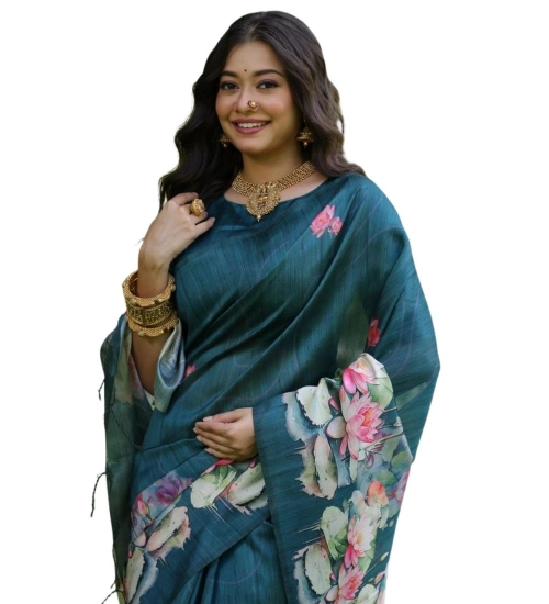 Women's Faux_Tussar Floral Saree With Unstitched Blouse 5.5Mtr (Teal)