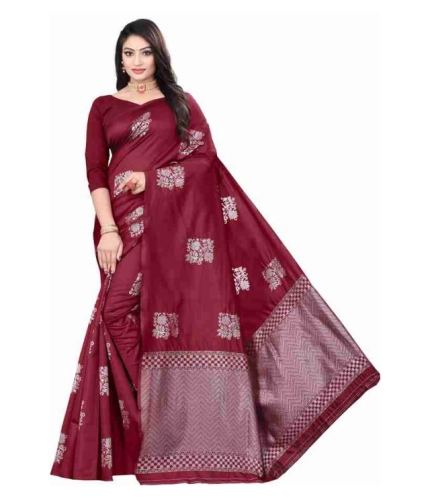 Women's Soft Lichi Silk Printed Saree With Unstitched Blouse 5.5Mtr (Maroon)