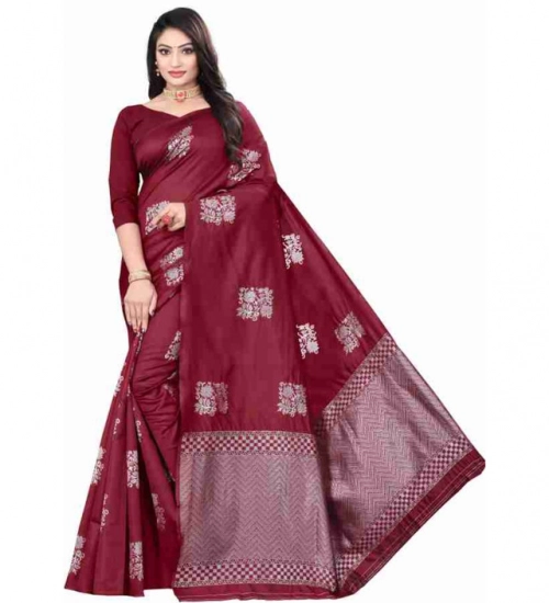 Women's Soft Lichi Silk Printed Saree With Unstitched Blouse 5.5Mtr (Maroon)