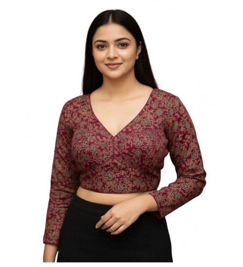Women's Ajrakh Cotton Printed V-Neck Padded Blouse (Maroon 38 Ready (Self Alterable 36–40)