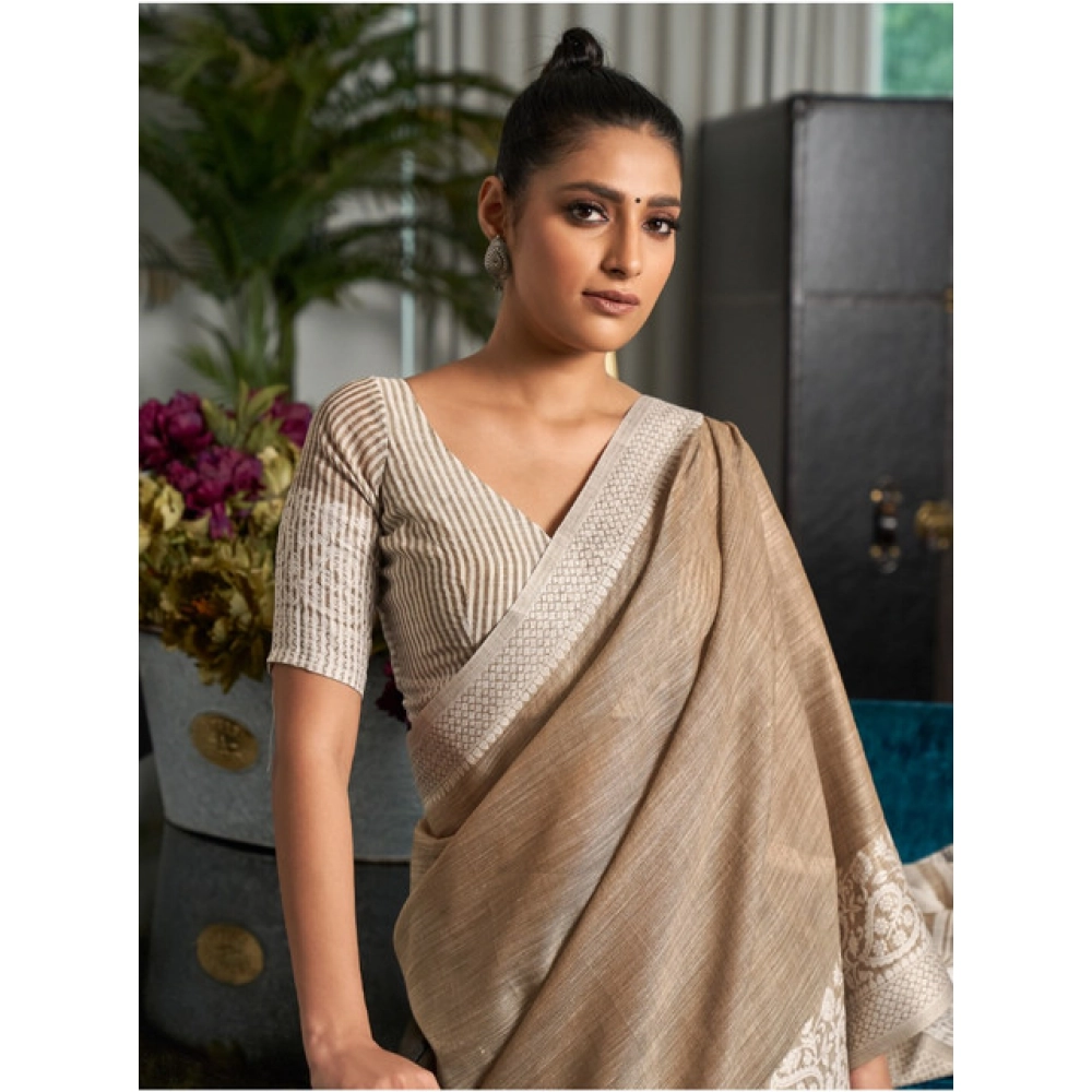 Women's Linen Printed Saree With Unstitched Blouse 5.5Mtr (Beige) Women's Linen Printed Saree With Unstitched Blouse 5.5Mtr (Beige)