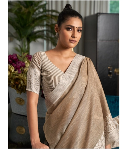 Women's Linen Printed Saree With Unstitched Blouse 5.5Mtr (Beige)