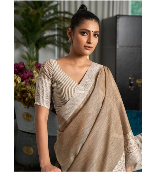 Women's Linen Printed Saree With Unstitched Blouse 5.5Mtr (Beige)