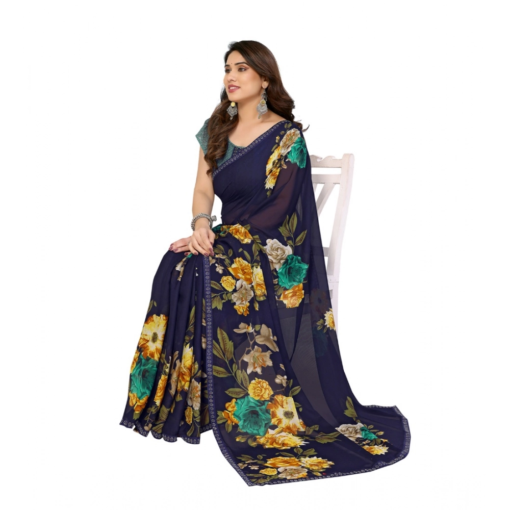 Women's Georgette Printed Saree With Unstitched Blouse 5.5Mtr (Navy Blue) Women's Georgette Printed Saree With Unstitched Blouse 5.5Mtr (Navy Blue)
