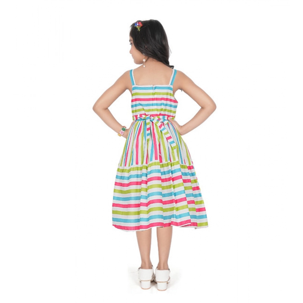 Girl's Cotton Striped Sleeve Less Squre Neck Dress (Multicolor)
