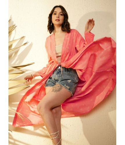Women's Polyester Floral Long Sleeves Shrug (Pink)