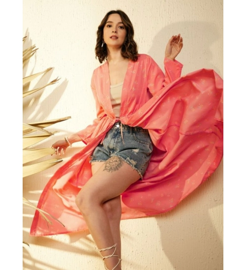 Women's Polyester Floral Long Sleeves Shrug (Pink)