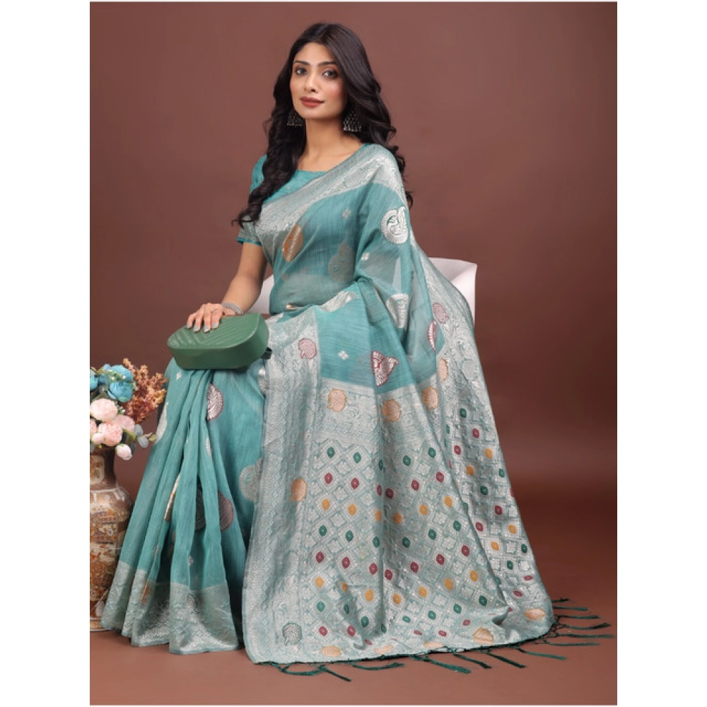 Women's Linen Cotton Printed Saree With Unstitched Blouse 5.5Mtr (Sea Green) Women's Linen Cotton Printed Saree With Unstitched Blouse 5.5Mtr (Sea Green)