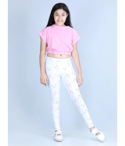Girl's Cotton Lycra Printed Elasticated Leggings (White)