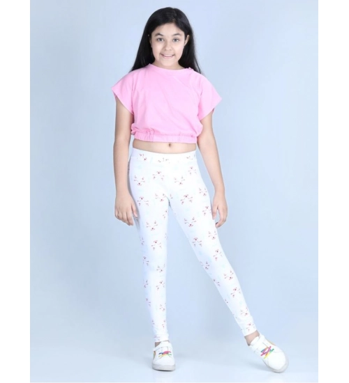 Girl's Cotton Lycra Printed Elasticated Leggings (White)