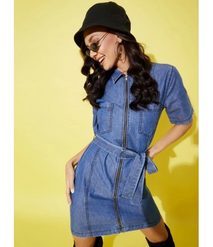 Women's Denim Solid Half Sleeve Dress (Blue)
