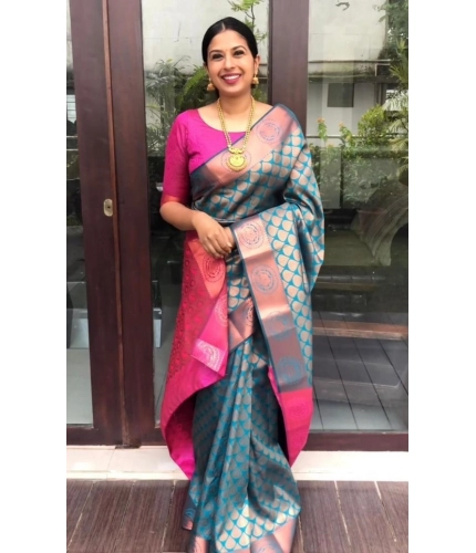 Women's Litchi silk Printed Saree With Unstitched Blouse (Blue)