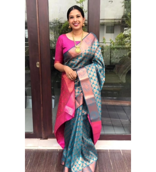 Women's Litchi silk Printed Saree With Unstitched Blouse (Blue)