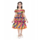 Girl's Taffeta Silk Striped Short Sleeve V Neck Dress (Multicolor)