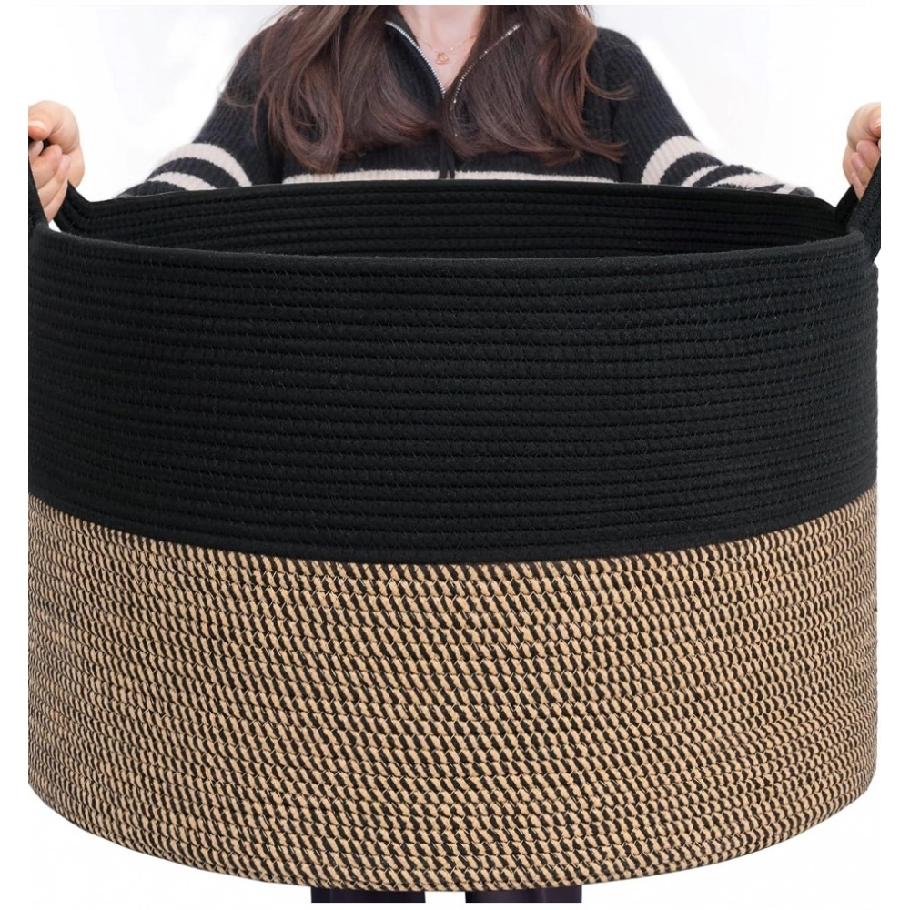 Cotton 16x14 Inch Pack of 1 Storage Basket For Clothes (Black- Beige Black)