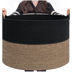 Cotton 16x14 Inch Pack of 1 Storage Basket For Clothes (Black- Beige Black)